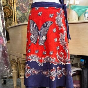 Lucky Brand Red and Navy Butterfly A-Line Wrap Skirt